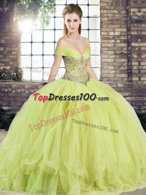 Stunning Yellow Green Off The Shoulder Lace Up Beading and Ruffles Quinceanera Dresses Sleeveless