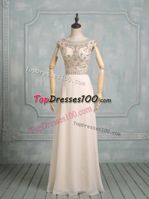 Modern Champagne Scoop Neckline Beading Prom Evening Gown Cap Sleeves Backless