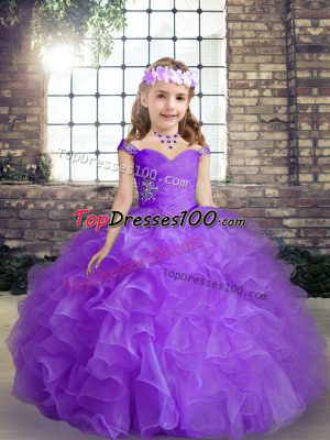 Customized Purple Ball Gowns Beading Pageant Dress for Womens Lace Up Organza Sleeveless Floor Length