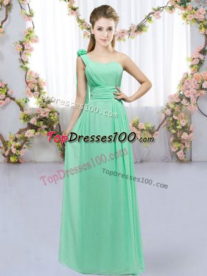 Turquoise Chiffon Lace Up One Shoulder Sleeveless Floor Length Bridesmaids Dress Hand Made Flower