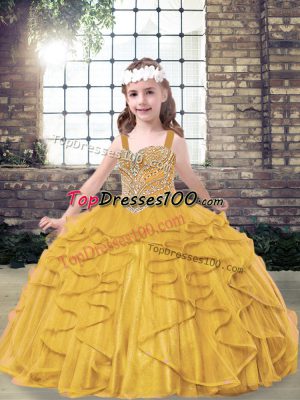 High End Straps Sleeveless Kids Pageant Dress Floor Length Beading and Ruffles Gold Tulle