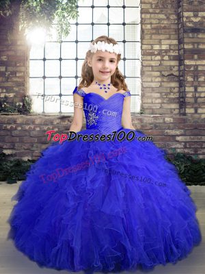 Hot Selling Ball Gowns Pageant Dresses Blue Straps Tulle Sleeveless Floor Length Lace Up