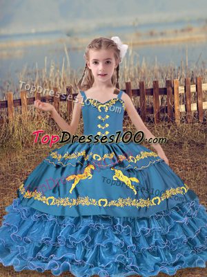 High End Blue Sleeveless Beading and Embroidery and Ruffled Layers Floor Length Child Pageant Dress
