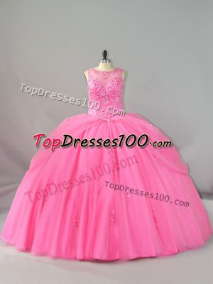 Rose Pink Quinceanera Gown Tulle Brush Train Sleeveless Beading and Appliques