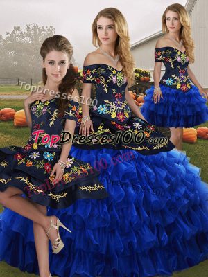 Clearance Sleeveless Floor Length Embroidery and Ruffled Layers Lace Up Sweet 16 Quinceanera Dress with Blue And Black