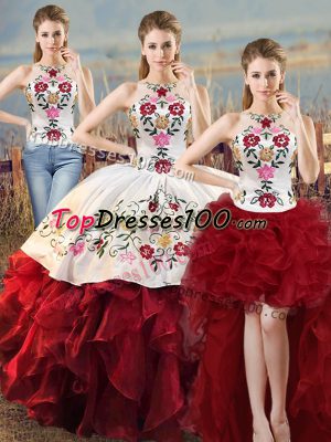 Sweet Halter Top Sleeveless Vestidos de Quinceanera Floor Length Embroidery and Ruffles White And Red Organza
