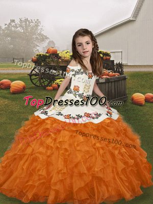 Eye-catching Orange Ball Gowns Straps Sleeveless Organza Floor Length Lace Up Embroidery and Ruffles Pageant Dress