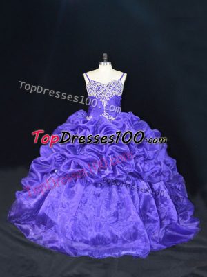 Unique Purple Organza Lace Up Sweet 16 Dress Sleeveless Brush Train Beading and Pick Ups