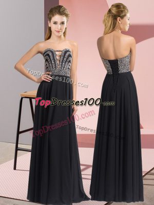 Superior Sleeveless Floor Length Beading Lace Up Prom Evening Gown with Black