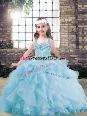 Light Blue Sleeveless Beading and Ruffles Floor Length Little Girls Pageant Dress