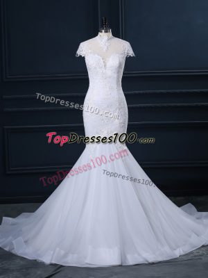 White Wedding Dresses Tulle Court Train Cap Sleeves Lace