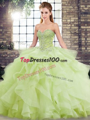 Sleeveless Beading and Ruffles Lace Up Sweet 16 Dress with Yellow Green Brush Train