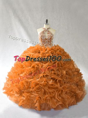 Adorable Orange and Brown Halter Top Lace Up Beading and Ruffles Vestidos de Quinceanera Brush Train Sleeveless