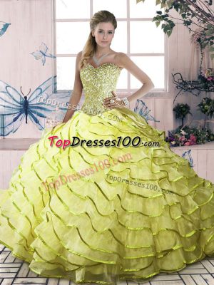 Yellow Green Ball Gowns Organza Halter Top Sleeveless Beading and Ruffled Layers Lace Up 15th Birthday Dress Brush Train
