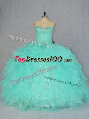 Apple Green Ball Gowns Organza Sweetheart Sleeveless Beading and Ruffles Floor Length Lace Up Quince Ball Gowns
