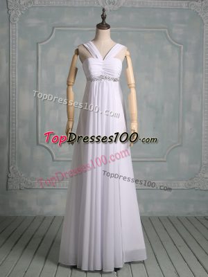 Comfortable Straps Sleeveless Dress for Prom Floor Length Beading and Ruching White Chiffon