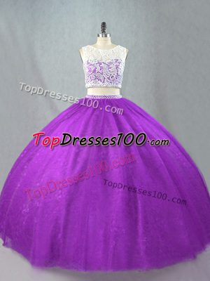 Inexpensive Scoop Sleeveless Vestidos de Quinceanera Floor Length Beading Purple Tulle