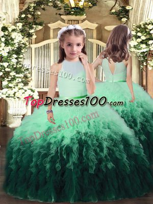 Unique High-neck Sleeveless Tulle Pageant Dress for Teens Ruffles Backless