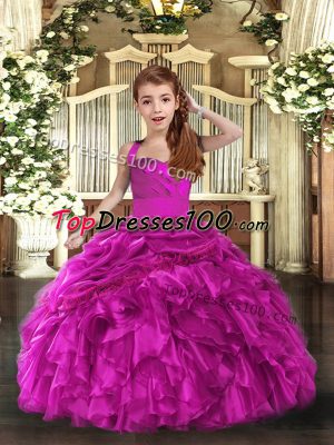Fuchsia Lace Up Straps Ruffles Little Girls Pageant Gowns Organza Sleeveless