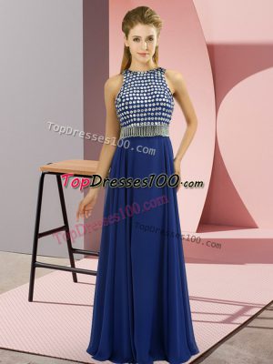 Adorable Blue Sleeveless Beading Floor Length Prom Gown