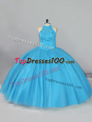 Eye-catching Aqua Blue 15th Birthday Dress Sweet 16 and Quinceanera with Beading and Lace Halter Top Sleeveless Brush Train Lace Up