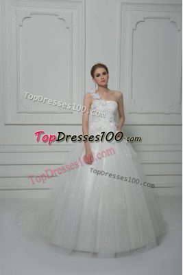 Dazzling White Lace Up Bridal Gown Beading and Lace and Hand Made Flower Sleeveless Brush Train