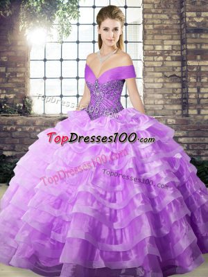 Luxurious Lavender Off The Shoulder Lace Up Beading and Ruffled Layers Quinceanera Gowns Brush Train Sleeveless