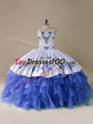 Free and Easy Sleeveless Satin and Organza Brush Train Lace Up Ball Gown Prom Dress in Blue And White with Embroidery and Ruffles