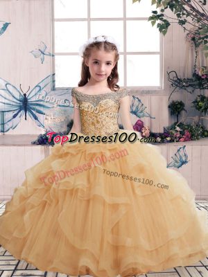 Champagne Little Girl Pageant Dress Party and Military Ball and Wedding Party with Beading and Ruffles Off The Shoulder Sleeveless Lace Up