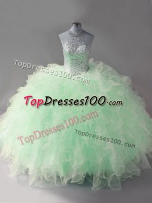 Tulle Halter Top Sleeveless Lace Up Beading and Ruffles Vestidos de Quinceanera in Apple Green