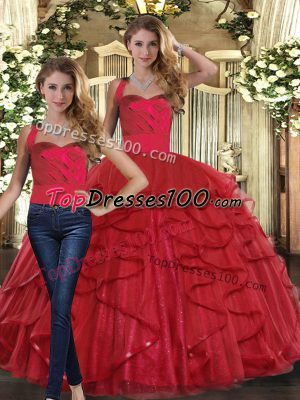 Free and Easy Two Pieces Quinceanera Dress Red Straps Tulle Sleeveless Floor Length Lace Up