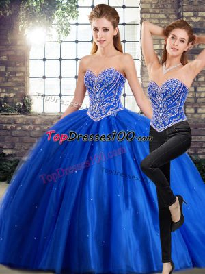 Blue Quinceanera Gowns Tulle Brush Train Sleeveless Beading