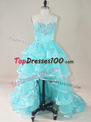 Simple Aqua Blue Sleeveless High Low Beading and Lace and Ruffled Layers Lace Up Celebrity Dresses