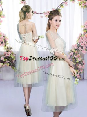 Sexy Champagne Half Sleeves Lace and Bowknot Tea Length Quinceanera Dama Dress