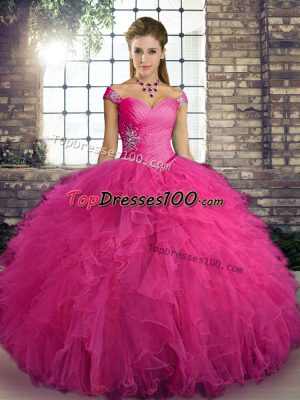 Ideal Floor Length Lace Up Quince Ball Gowns Hot Pink for Military Ball and Sweet 16 and Quinceanera with Beading and Ruffles