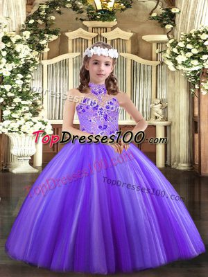 Fashion Lavender Ball Gowns Halter Top Sleeveless Tulle Floor Length Lace Up Appliques Child Pageant Dress