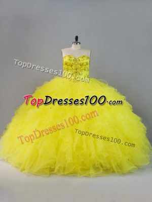 Beading and Ruffles Quinceanera Gown Yellow Lace Up Sleeveless Floor Length