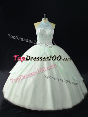 Tulle Halter Top Sleeveless Lace Up Beading Ball Gown Prom Dress in Apple Green