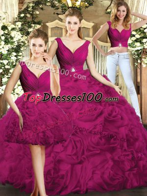 Decent Fuchsia Sleeveless Fabric With Rolling Flowers Backless Sweet 16 Dresses for Military Ball and Sweet 16 and Quinceanera