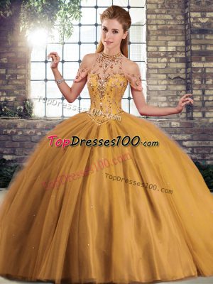Fitting Lace Up 15th Birthday Dress Brown for Military Ball and Sweet 16 and Quinceanera with Beading Brush Train