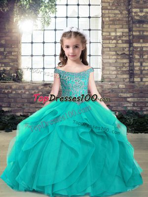 Teal Lace Up Little Girl Pageant Gowns Beading Sleeveless Floor Length