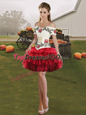 Sleeveless Organza Lace Up Juniors Party Dress in Wine Red with Embroidery and Ruffled Layers