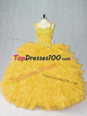 Dazzling Ball Gowns 15 Quinceanera Dress Gold Straps Organza Sleeveless Floor Length Lace Up
