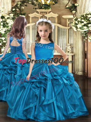 Classical Blue Ball Gowns Organza Scoop Sleeveless Ruffles Floor Length Lace Up Pageant Dress for Girls