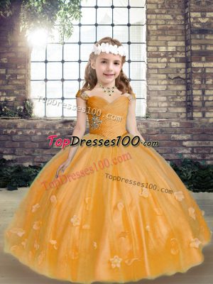 Stylish Sleeveless Lace Up Floor Length Beading and Hand Made Flower Winning Pageant Gowns