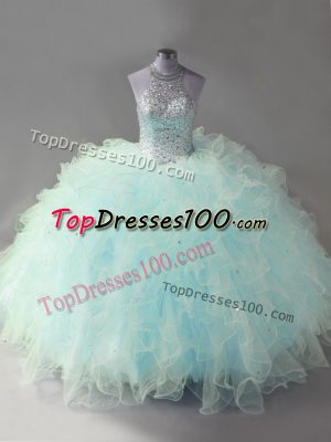 Light Blue Tulle Lace Up Halter Top Sleeveless Floor Length Quinceanera Dress Beading and Ruffles