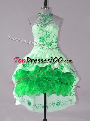 Unique Sleeveless Lace Up High Low Embroidery and Ruffles Celebrity Dress
