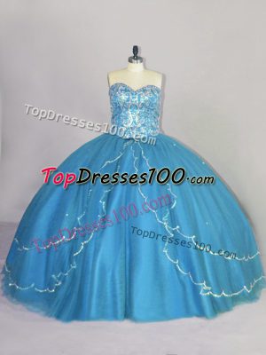 Fantastic Lace Up Quinceanera Gown Blue for Sweet 16 and Quinceanera with Beading Brush Train