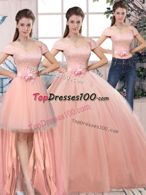 Pink Ball Gown Prom Dress Military Ball and Sweet 16 and Quinceanera with Lace and Hand Made Flower Off The Shoulder Short Sleeves Lace Up