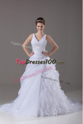 Wonderful White Wedding Gown V-neck Sleeveless Brush Train Lace Up
